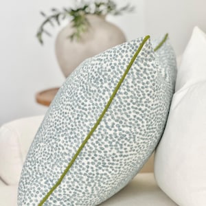 Seaglass velvet Throw Pillow with Green Trim detail | Designer seaglass pillow for sofa and bed | Light blue  accent pillow cover