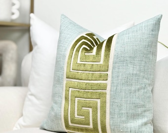 Seaglass Throw Pillow Cover with Green Greek Key Trim Detail, Coastal Accent Pillow, Designer Pillow for Sofa and Bed