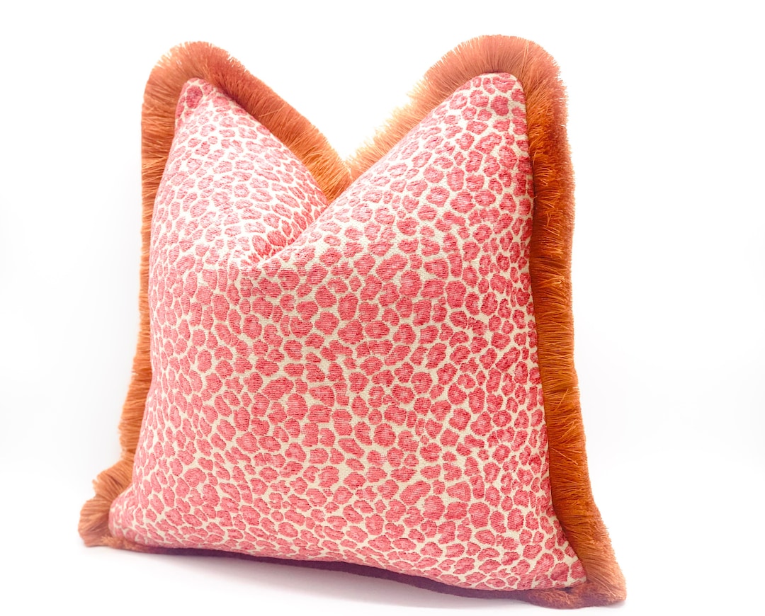 Pink Cheetah Throw Pillow Cover With Orange Brush Fringe Etsy
