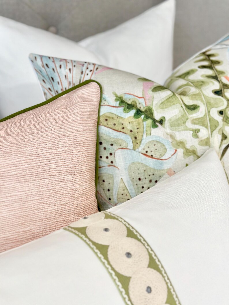 White Schumacher Throw Pillow Cover With Green Decorative Tape Detail