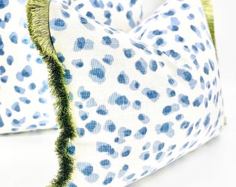 Mira blue decorative throw pillow cover lumbar , sofa pillow blue leopard print , accent cushion with green fringe