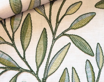 Designer fabric swatch  - green floral embroidery | Embroidered floral fabric sample