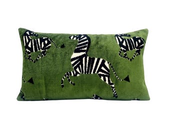 Custom Green Velvet Zebra Print Pillow Cover - Luxurious Made-to-Order Designer Accent Pillow for Modern Decor