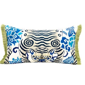 Chinoiserie style throw pillow cover , Tibetan tiger pillow cover lumbar , Chinoiserie design throw cushion with green brush fringe trim
