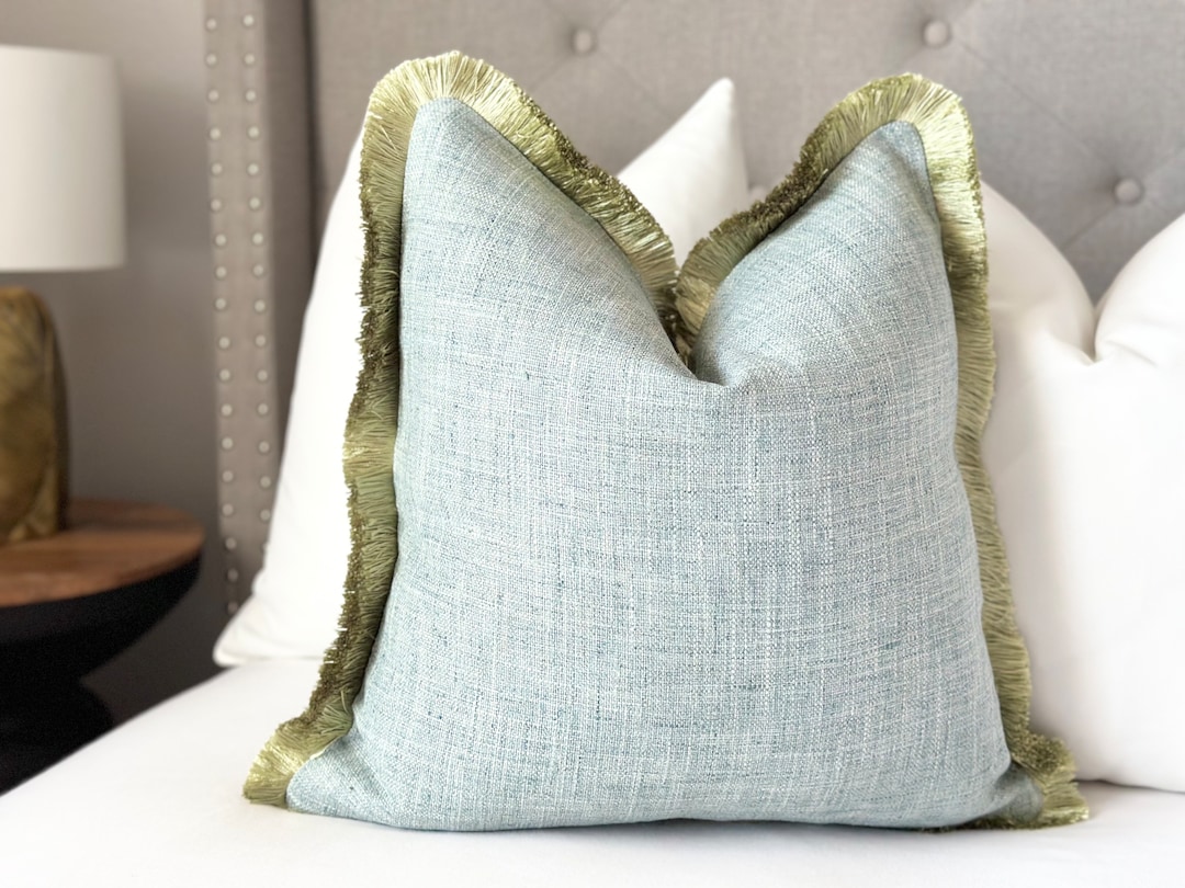 Mist Blue Throw Pillow Cover With Green Brushed Fringe Detail , Light