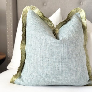 Mist blue throw pillow cover with green brushed fringe detail , light blue cotton pillow cover, decorative mist blue pillowcase