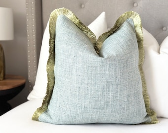 Mist blue throw pillow cover with green brushed fringe detail , light blue cotton pillow cover, decorative mist blue pillowcase