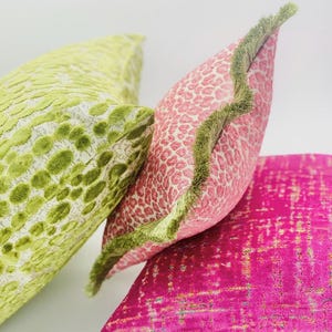 Luxurious Custom Designer Pink Cheetah Spotted Pillow Cover with Green Fringe Detail - Unique throw pillow cover for Stylish Home Decor