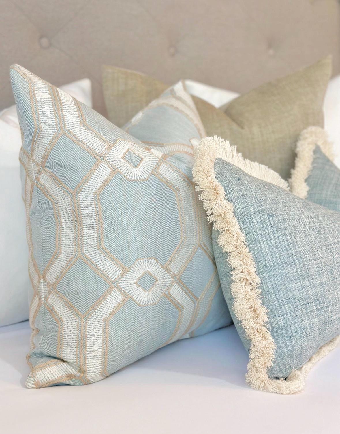 Mist blue - beige embroider Luxury Pillow Cover | Embroidered Mist blue throw pillow | Blue accent pillow cover for Sofa and Bed