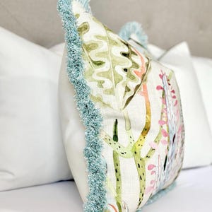 Pastel throw pillow cover with blue brushed fringe detail , light blue cotton pillow cover, decorative seaglass accent pillow