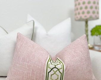 Pink Throw Pillow Cover with Green Decorative Tape Detail | Modern Coastal Accent Pillow, Designer Accent Pillow in Blush