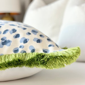 Blue Leopard Throw Pillow cover with green brushed fringe detail | Chinoiserie style throw pillow cover | Blue Coastal Pillows