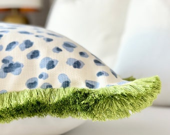 Blue Leopard Throw Pillow cover with green brushed fringe detail | Chinoiserie style throw pillow cover | Blue Coastal Pillows