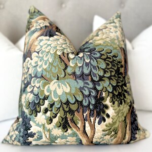 Forest motifs throw pillow cover | mist blue - brown Designer pillow cover | Blue - beige Modern accent pillow