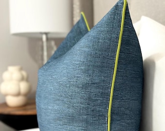 Navy Blue Throw Pillow with Green Trim | Designer Luxury Decor for sofa and bed | Dark Blue accent pillow cover