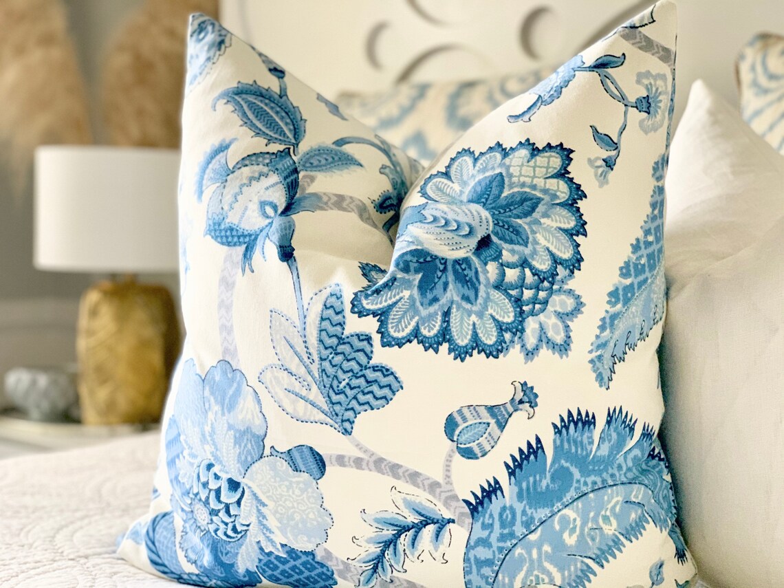 Hampton style blue floral decorative throw pillow accent Etsy