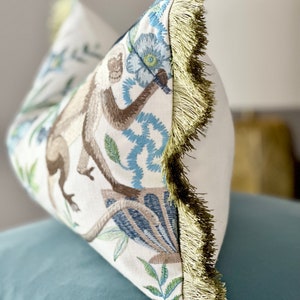 Chinoiserie pillow cover embroidered , floral pillow cover monkeys with brush fringe detail
