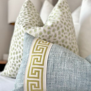Mist  blue throw pillow with lime green Greek key detail, blue decorative pillow cover lumbar, Modern mist blue accent pillow cover