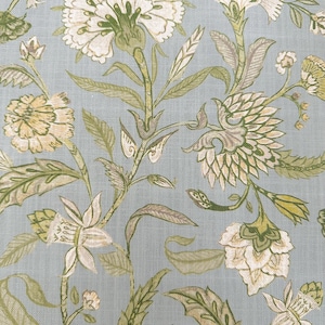 Baby blue floral green linen fabric swatch