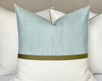 Seaglass - white throw pillow cover with green decorate tape | Modern seaglass accent pillow | Designer seaglass throw pillow