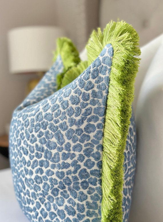 Decorative Blue Cheetah Spotted Throw Pillow Cover Blue Cheetah Cushion With Green Brush Fringe Detail Cheetah Accent Pillow Etsy UK
