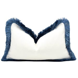 White throw pillow cover with blue  brush fringe detail , coastal pillow cover for sofa bed , White / blue Chinoiserie throw pillow cover