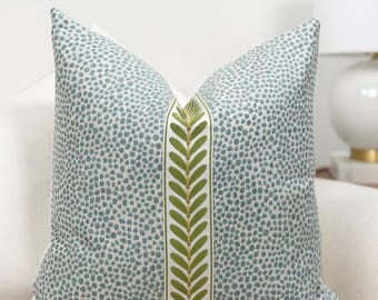 Mist blue dotted throw pillow cover | Modern mist blue pillow cover with decorative tape detail | Designer Blue accent pillow cover
