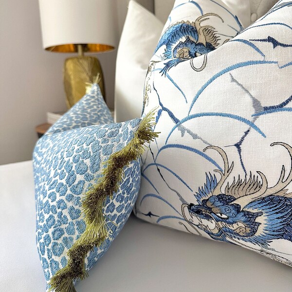 Blue cheetah throw pillow cover with green brush fringe, chenille blue cheetah pillowcase lumbar ,  pillow cover blue leopard