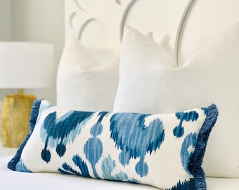 Decorative pillow cover blue ikat , lumbar cushion , linen pillow cover for bedroom , accent pillow cover lumbar