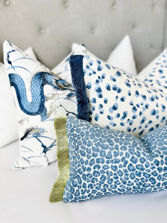 Blue Cheetah Throw Pillow Cover With Green Brush Fringe, Chenille