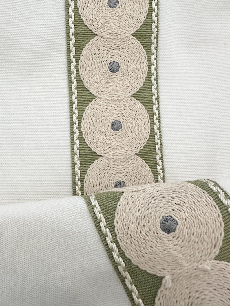 White Schumacher Throw Pillow Cover With Green Decorative Tape Detail