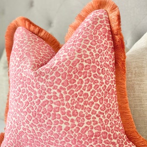 Pink cheetah throw pillow cover with orange brush fringe detail , Chinoiserie pillow cover pink cheetah