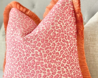 Pink cheetah throw pillow cover with orange brush fringe detail  Chinoiserie pillow cover pink cheetah