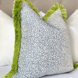Azure spotted throw pillow cover with green brush fringe detail , coastal pillow cover for sofa bed , Blue Chinoiserie throw pillow cover