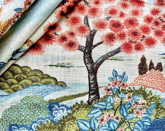 Stoffmuster / Landschaftsdruck im Chinoiserie-Stil, Stoffmuster in Koralle / Blau, dekorativer Kissenbezug