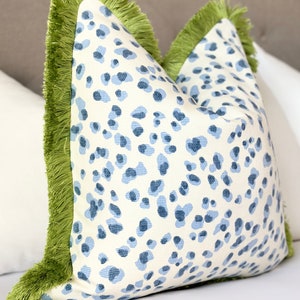 Mira blue leopard throw pillow cover with green brushed fringe detail, Chinoiserie style throw pillow cover blue leopard