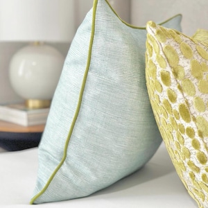 Seaglass Throw Pillow with Green Trim | Custom-Crafted Luxury Decor for sofa and bed | Blue accent pillow cover