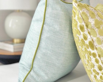 Seaglass Throw Pillow with Green Trim | Custom-Crafted Luxury Decor for sofa and bed | Blue accent pillow cover