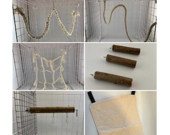 May include: A set of bird cage accessories including a rope swing, a hanging net, a wooden perch, a hanging platform, and a wooden dowel.