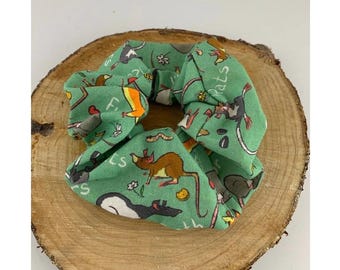 Rat Print Cotton Hair Scrunchie, Green Hair Tie, rat gift, Christmas