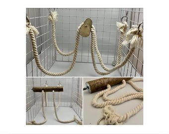 Hazel Wood Pet Perch with Cotton Ropes, Rat Cage Accessories