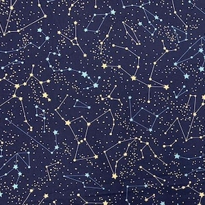 May include: A navy blue fabric with a constellation pattern. The constellations are made of white and light blue lines and dots. There are also small white stars scattered throughout the fabric.