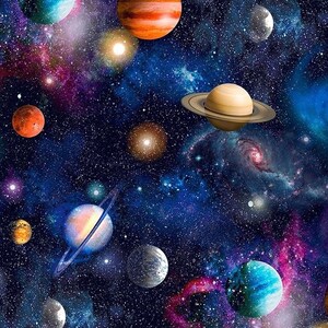 May include: A colorful space-themed fabric with planets, stars, and galaxies on a dark blue background.