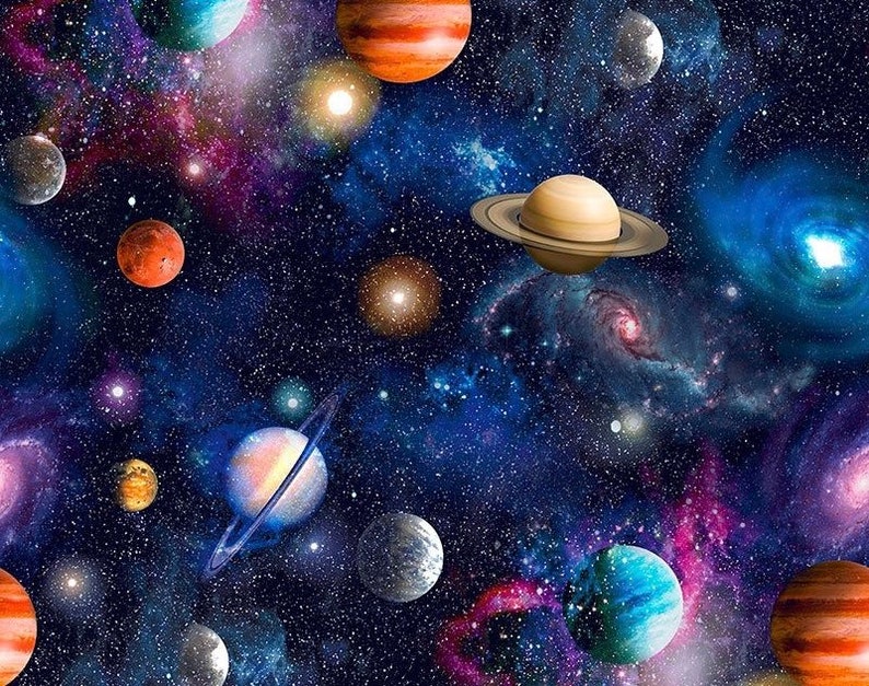 May include: A colorful space-themed fabric with planets, stars, and galaxies on a dark blue background.