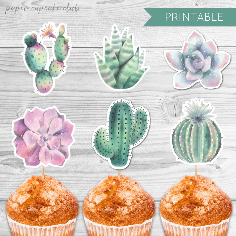 Cactus Cupcake Toppers Printable , Succulent Party Decor , Watercolor