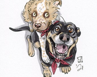 Custom Illustrated Pet Sketch -- Simple Full Body, 2 animals
