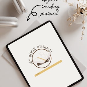 Könnte beinhalten: Eine digitale Lesetagebuch-Vorlage mit einem braunen und weißen Buchsymbol und dem Text "My Book Journal". Die Vorlage enthält 50 Seiten mit Vorlagen für Bücher, die gelesen werden sollen, Favoriten, Herausforderungen und Ziele.