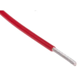 May include: A close-up of red insulated wire with a silver stranded core.
