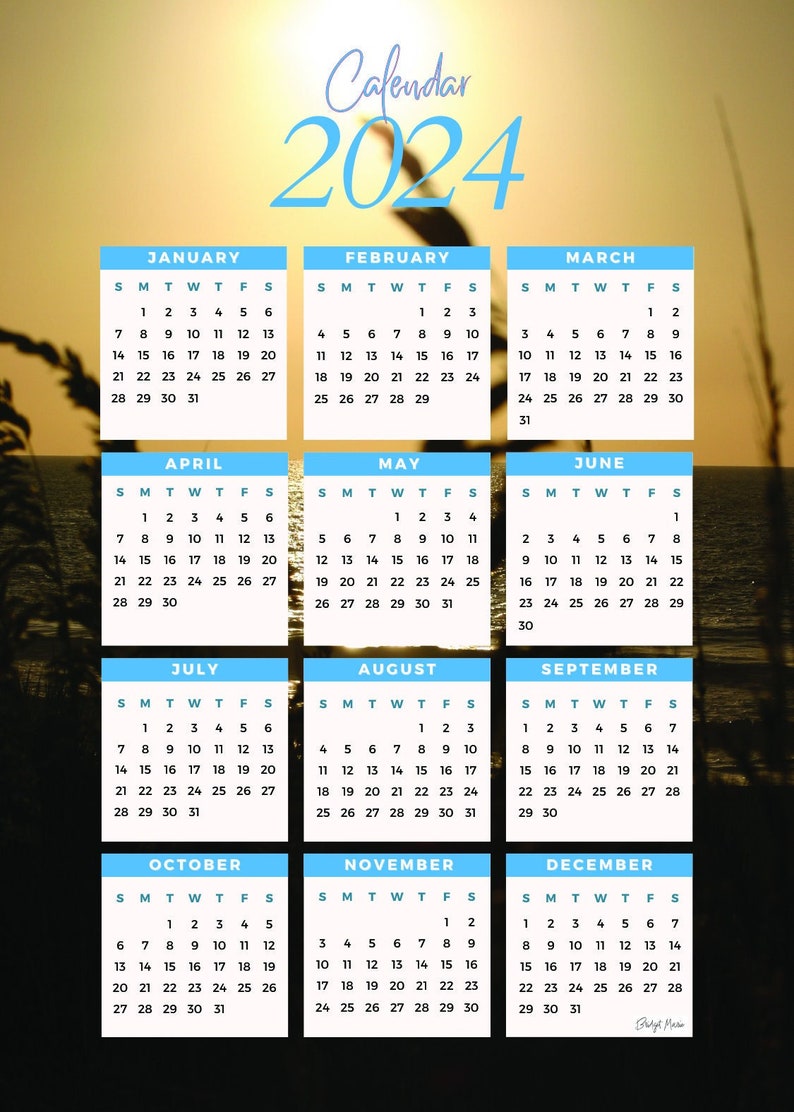 Printable Minimalist 2024 Calendar Outer Banks Ocean Seaoats Yearata