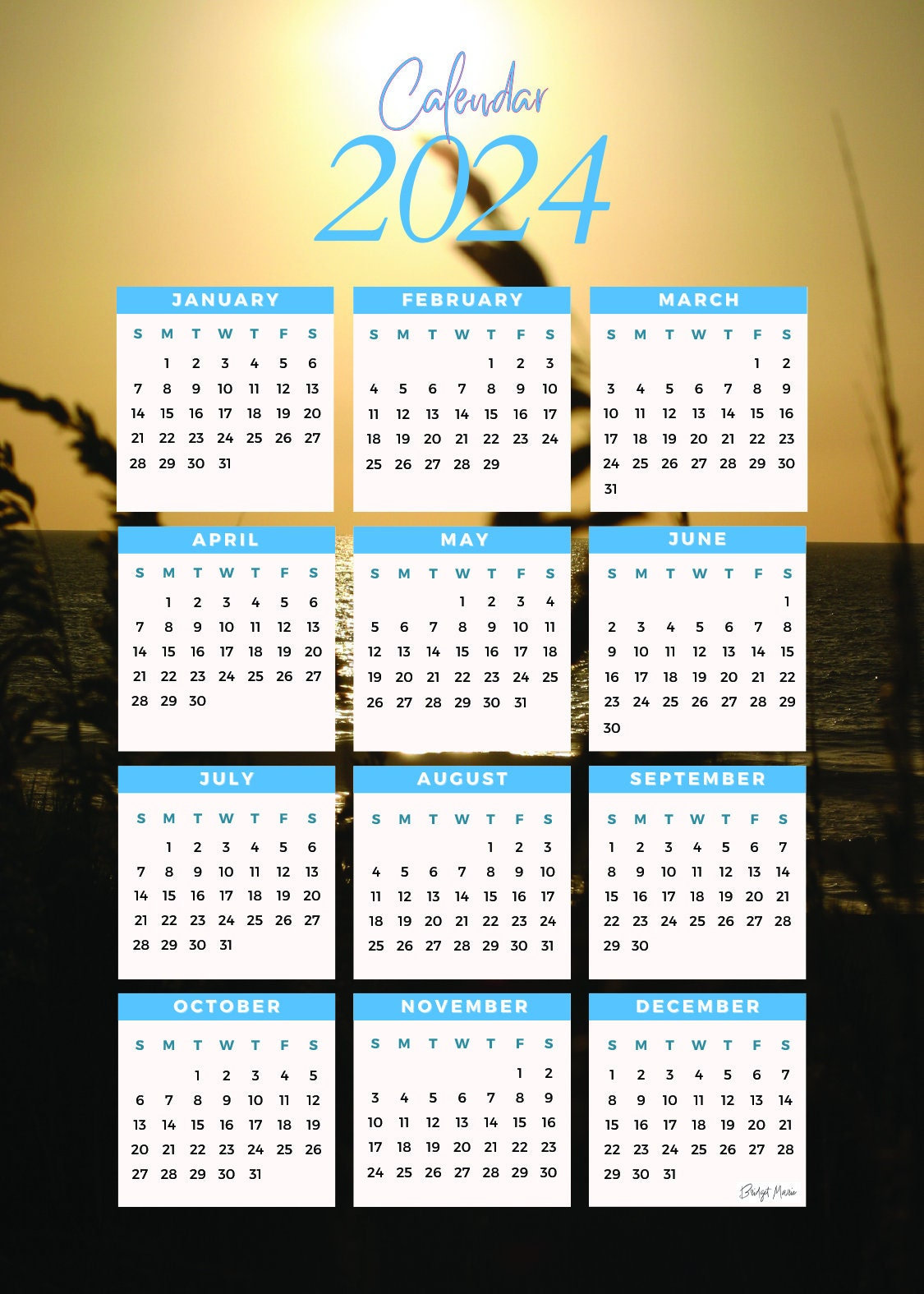 Printable Minimalist 2024 Calendar Outer Banks Ocean Seaoats Yearata